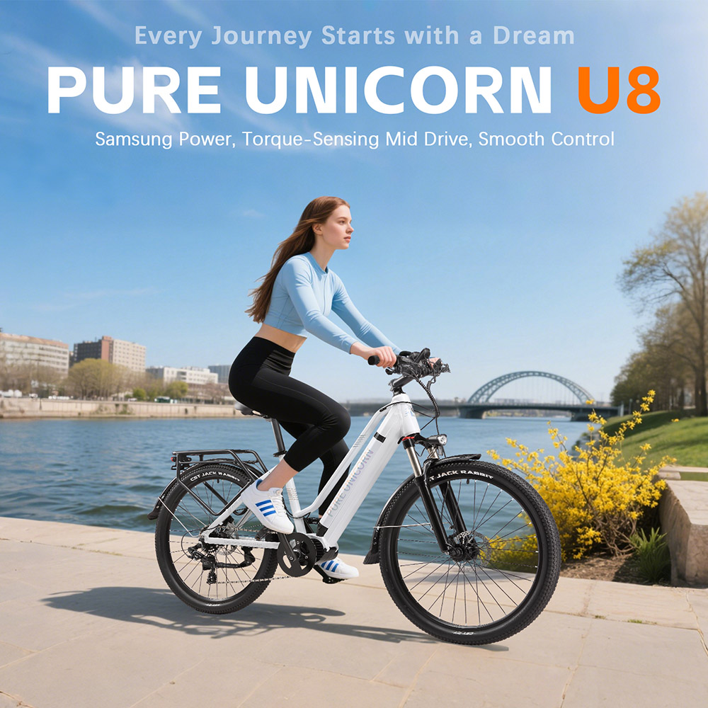 Elektrický bicykel PURE UNICORN U8, 500W motor, 48V 14Ah batéria, 27.5 palcové pneumatiky, max. rýchlosť 35 km/h, dojazd 70 km, duálne hydraulické brzdy, predné hydraulické odpruženie, 7-rýchlostný prevod Shimano, LCD displej - biely