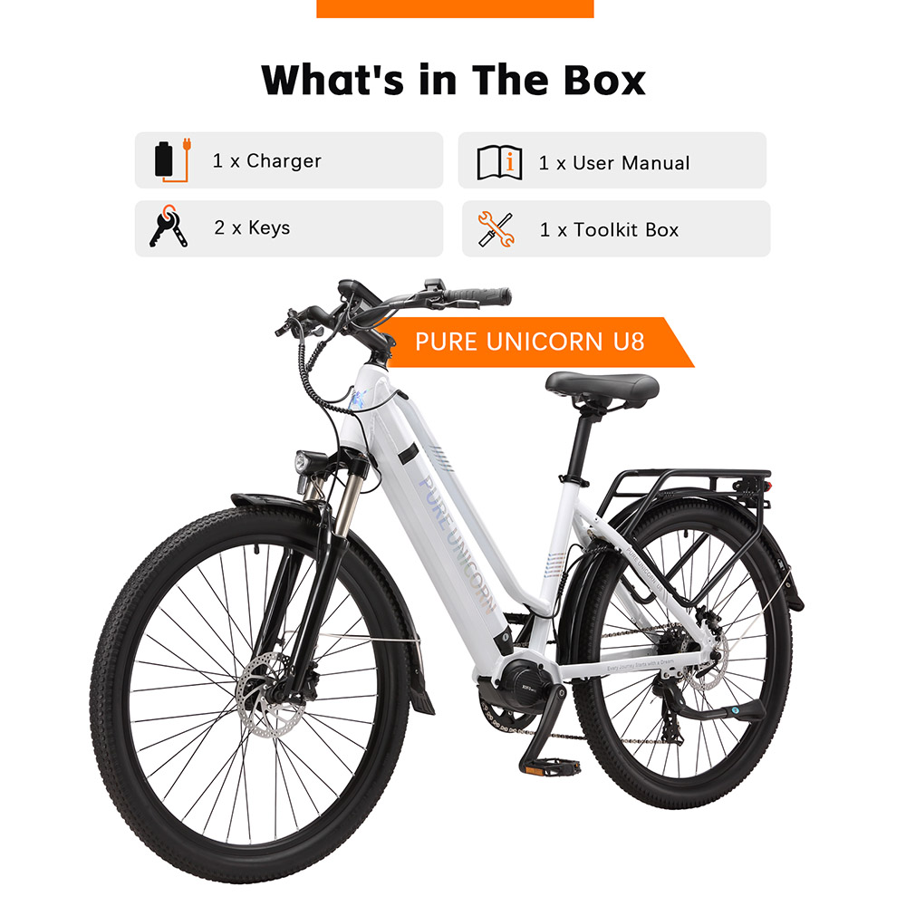 Elektrobicykel PURE UNICORN U8, 500W motor, 48V 14Ah batéria, 27,5-palcové pneumatiky, max. rýchlosť 35 km/h, dojazd 70 km, duálne hydraulické brzdy, predné hydraulické odpruženie, 7-rýchlostný systém Shimano, LCD displej - biely
