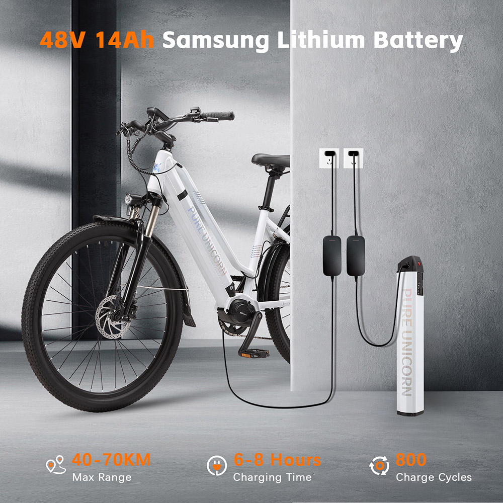 Elektrický bicykel PURE UNICORN U8, 500W motor, 48V 14Ah batéria, 27.5 palcové pneumatiky, max. rýchlosť 35 km/h, dojazd 70 km, duálne hydraulické brzdy, predné hydraulické odpruženie, 7 rýchlostí Shimano, LCD displej - biely