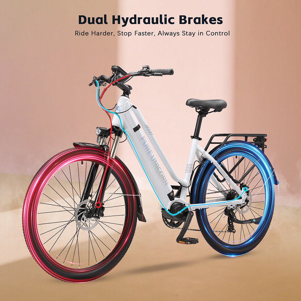 PURE UNICORN U8 Electric Bike, 500W Motor, 48V 14Ah batéria, 27.5 palcové pneumatiky, max. rýchlosť 35 km/h, dojazd 70 km, duálne hydraulické brzdy, predné hydraulické odpruženie, 7-rýchlostný prevod Shimano, LCD displej - biely