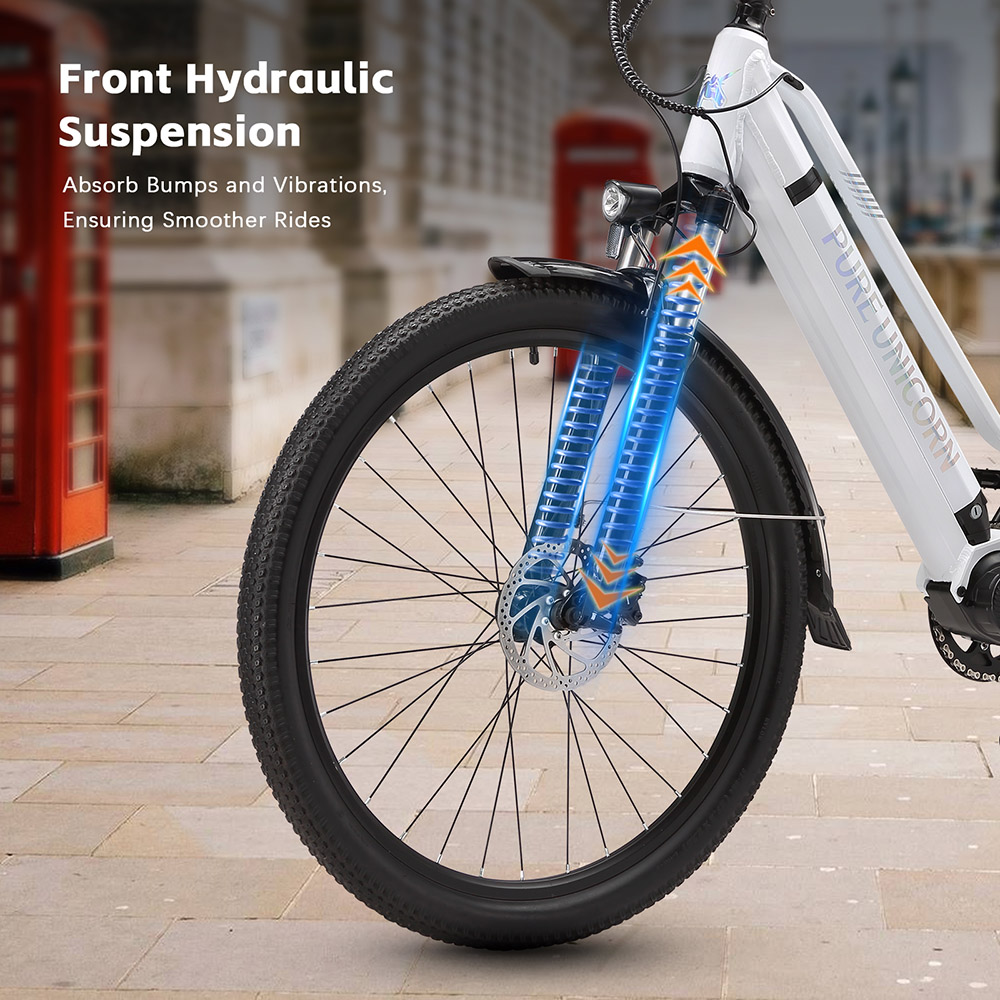 PURE UNICORN U8 Electric Bike, 500W Motor, 48V 14Ah batéria, 27.5 palcové pneumatiky, max. rýchlosť 35 km/h, dojazd 70 km, duálne hydraulické brzdy, predné hydraulické odpruženie, 7-rýchlostný prevod Shimano, LCD displej - biely
