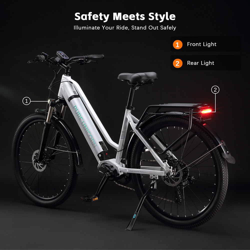 Elektrický bicykel PURE UNICORN U8, 500W motor, 48V 14Ah batéria, 27.5 palcové pneumatiky, max. rýchlosť 35 km/h, dojazd 70 km, duálne hydraulické brzdy, predné hydraulické odpruženie, 7-rýchlostný prevod Shimano, LCD displej - biely