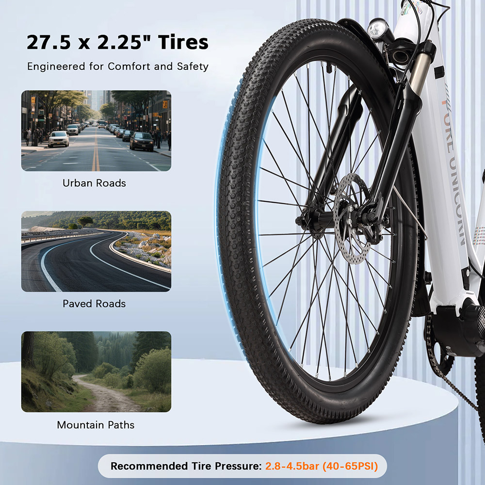 Elektrický bicykel PURE UNICORN U8, 500W motor, 48V 14Ah batéria, 27.5 palcové pneumatiky, max. rýchlosť 35 km/h, dojazd 70 km, duálne hydraulické brzdy, predné hydraulické odpruženie, 7-rýchlostný prevod Shimano, LCD displej - biely