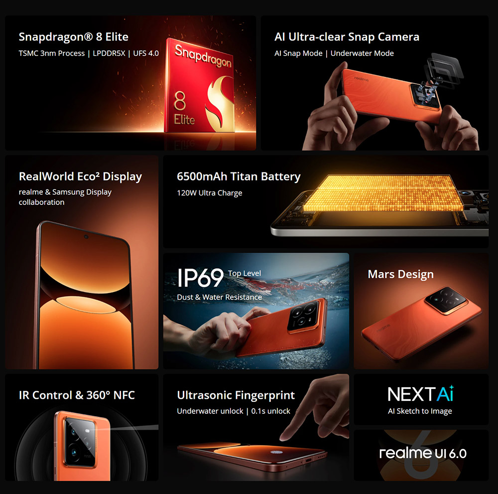 Realme GT7 Pro 5G Smartphone, 12+256GB, procesor Snapdragon 8 Elite, 6.78-palcový 120Hz displej, 50MP trojitý fotoaparát, 120W nabíjanie, 6500mAh batéria, IP69, sivý
