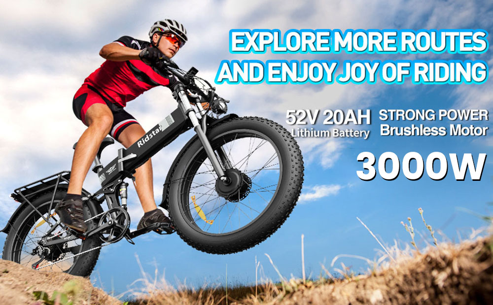 Ridstar H26 Pro Electric Bike, 1500W*2 Motor, 52V 20Ah batéria, 26*4.0 palcové pneumatiky, max. rýchlosť 60 km/h, dojazd 70 km, duálne hydraulické brzdy, predný & zadný tlmič, LCD displej, 7 rýchlostí