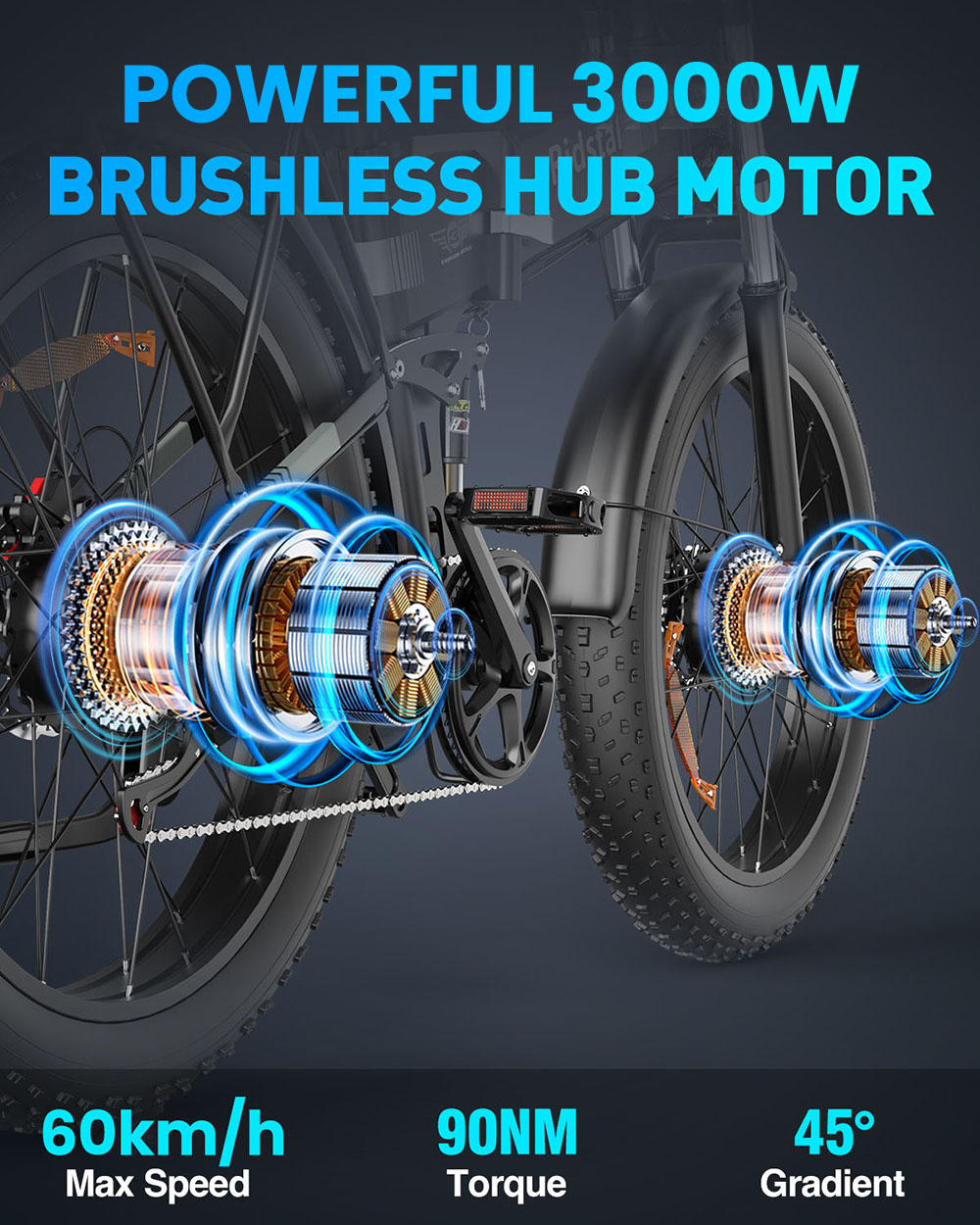 Ridstar H26 Pro Electric Bike, 1500W*2 Motor, 52V 20Ah batéria, 26*4.0 palcové pneumatiky, max. rýchlosť 60 km/h, dojazd 70 km, duálne hydraulické brzdy, predný & zadný tlmič, LCD displej, 7 rýchlostí