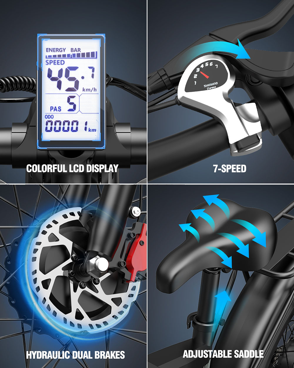 Ridstar H26 Pro Electric Bike, 1500W*2 Motor, 52V 20Ah batéria, 26*4.0 palcové pneumatiky, max. rýchlosť 60 km/h, dojazd 70 km, duálne hydraulické brzdy, predný & zadný tlmič, LCD displej, 7 rýchlostí