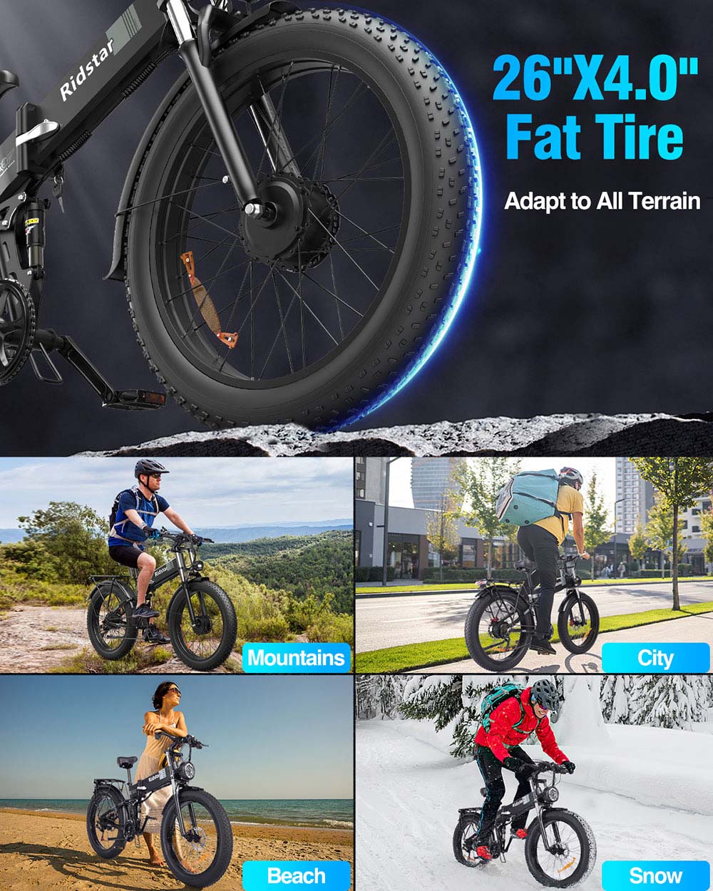 Ridstar H26 Pro Electric Bike, 1500W*2 Motor, 52V 20Ah batéria, 26*4.0 palcové pneumatiky, max. rýchlosť 60 km/h, dojazd 70 km, duálne hydraulické brzdy, predný & zadný tlmič, LCD displej, 7 rýchlostí