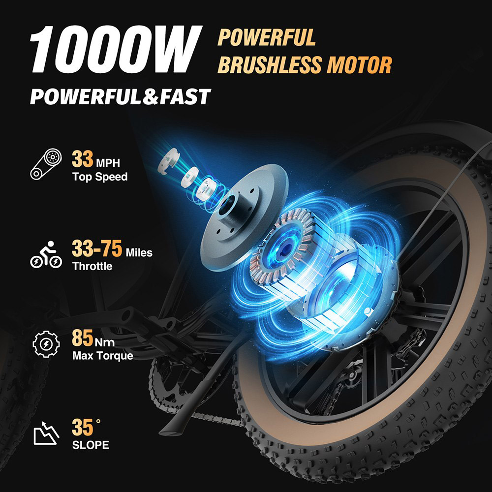 Ridstar Q20 Electric Bike, 1000W Motor, 48V 20Ah Battery, 20*4.0 palcové integrované pneumatiky, max. rýchlosť 50 km/h, max. dojazd 120 km, hydraulické kotúčové brzdy, odpružená vidlica, 7-stupňová prevodovka Shimano