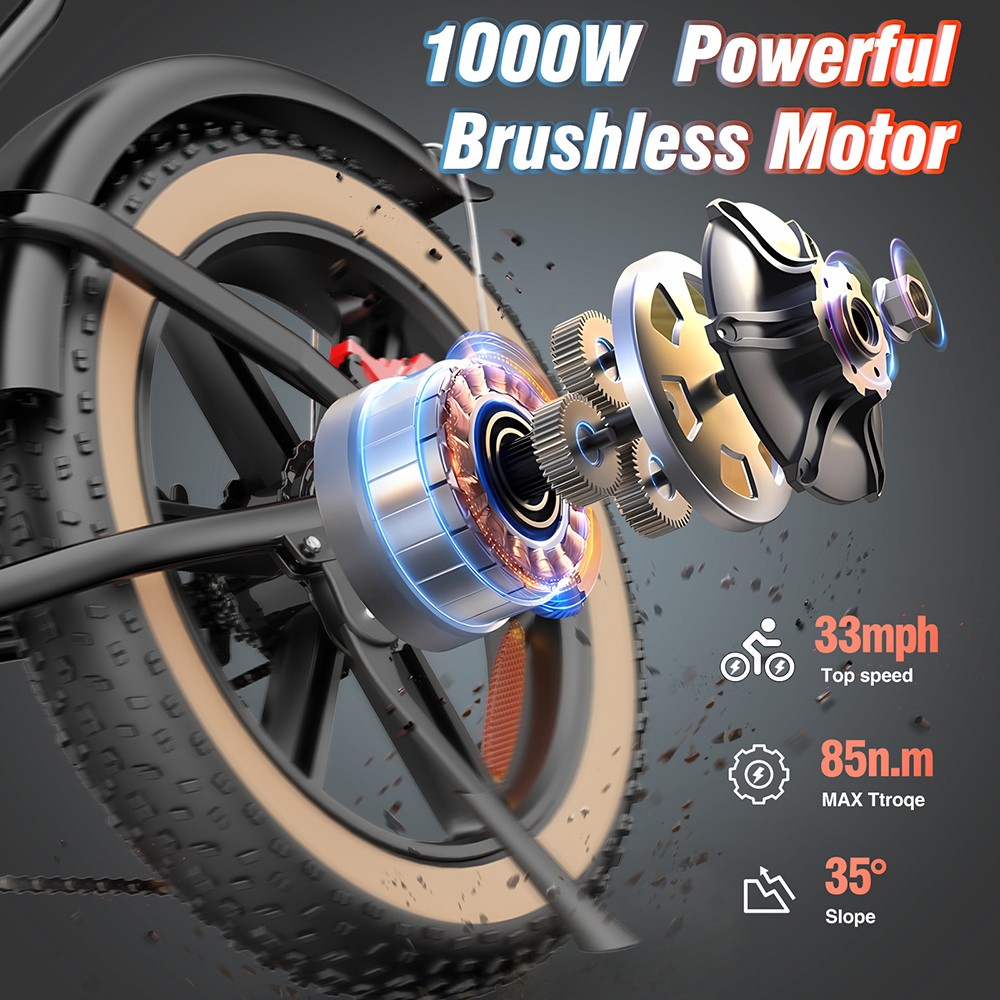 Ridstar Q20 Electric Bike, 1000W Motor, 48V 20Ah Battery, 20*4.0 palcové integrované pneumatiky, max. rýchlosť 50 km/h, max. dojazd 120 km, hydraulické kotúčové brzdy, odpružená vidlica, 7-rýchlostná prevodovka Shimano