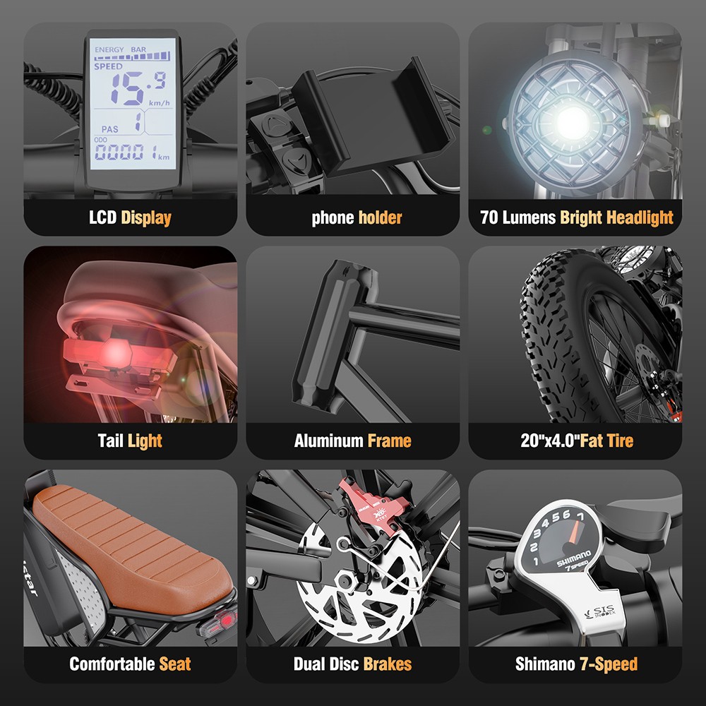 Ridstar Q20 Electric Bike, 1000W Motor, 48V 20Ah Battery, 20*4.0 palcové integrované pneumatiky, max. rýchlosť 50 km/h, max. dojazd 120 km, hydraulické kotúčové brzdy, odpružená vidlica, 7-stupňová prevodovka Shimano