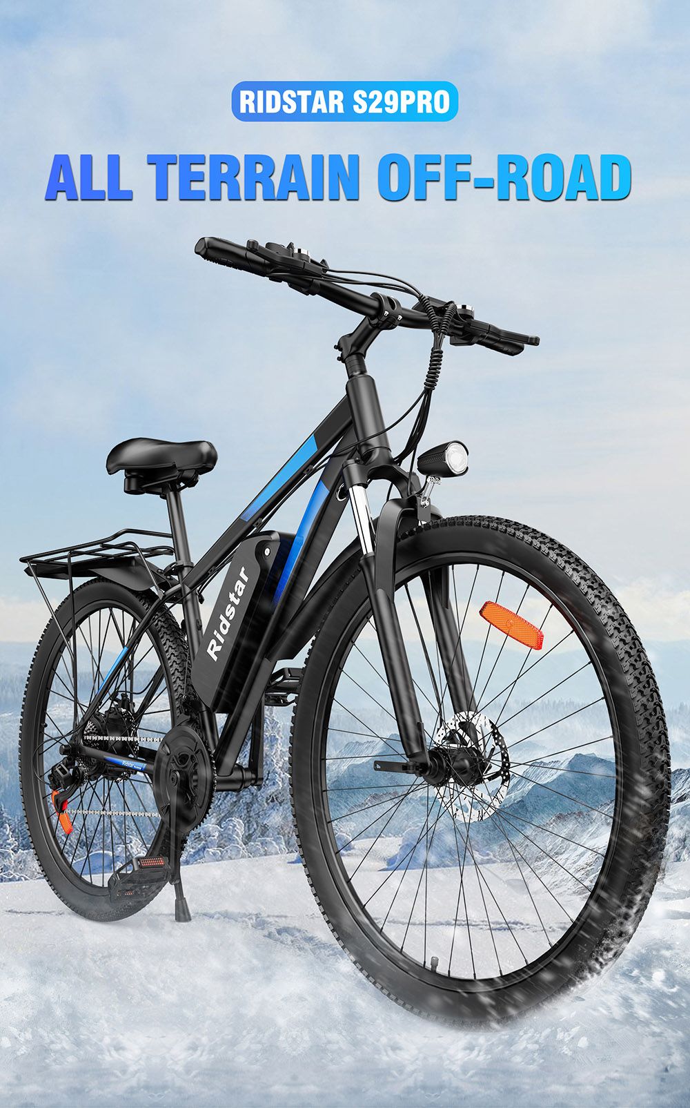 Ridstar S29 Pro Electric Bike, 1000W motor, 48V 21Ah batéria, 29 palcové pneumatiky, max. rýchlosť 48 km/h, dojazd 90 km, kotúčové brzdy, odpružená predná vidlica, Shimano 21 rýchlostí