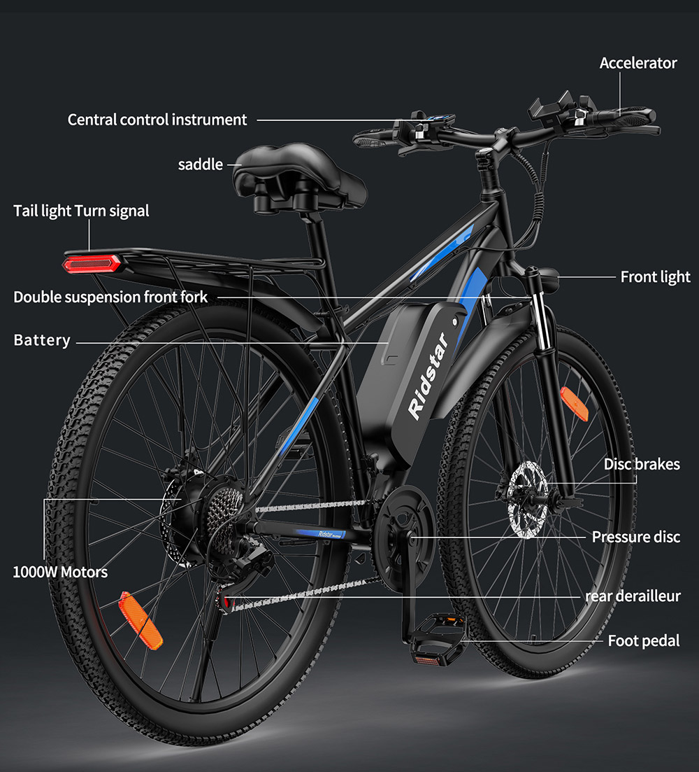 Ridstar S29 Pro Electric Bike, 1000W motor, 48V 21Ah batéria, 29 palcové pneumatiky, max. rýchlosť 48 km/h, dojazd 90 km, kotúčové brzdy, odpružená predná vidlica, Shimano 21 prevodov