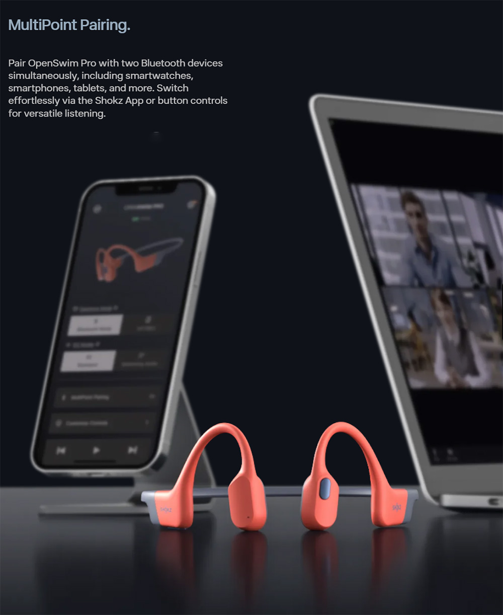 SHOKZ OpenSwim Pro Open-ear Earphones, Bone Conduction Sport Headphones, IP68 Waterproof, Bluetooth + MP3 Dual Modes, Up to 9 Hours Playtime - Orange