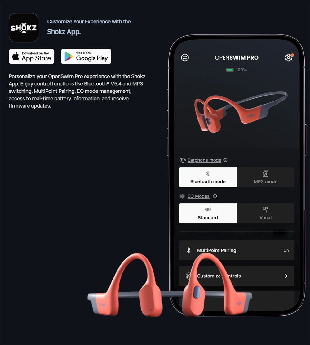 SHOKZ OpenSwim Pro Open-ear Earphones, Bone Conduction Sport Headphones, IP68 Waterproof, Bluetooth + MP3 Dual Modes, Up to 9 Hours Playtime - Orange