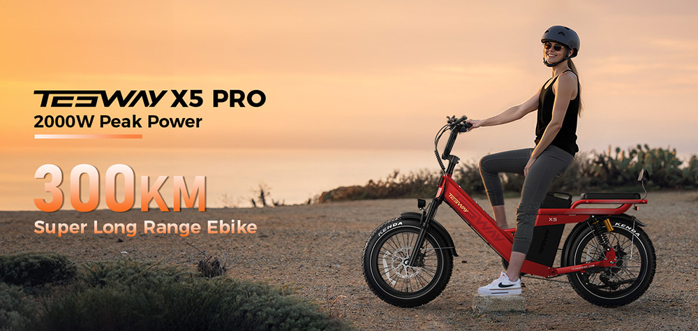 TESWAY X5 Pro Electric Bike, 1000W Motor, 48V 60Ah Battery, 20*4.0-inch Tires, 50km/h Max Speed, 300km Max Range, Dual Hydraulic Brakes, Full Suspension, Shimano 7-speed - Red