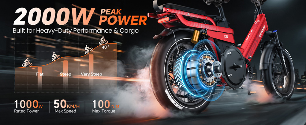 TESWAY X5 Pro Electric Bike, 1000W Motor, 48V 60Ah Battery, 20*4.0-inch Tires, 50km/h Max Speed, 300km Max Range, Dual Hydraulic Brakes, Full Suspension, Shimano 7-speed - Red