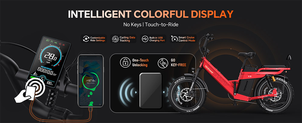 TESWAY X5 Pro Electric Bike, 1000W Motor, 48V 60Ah Battery, 20*4.0-inch Tires, 50km/h Max Speed, 300km Max Range, Dual Hydraulic Brakes, Full Suspension, Shimano 7-speed - Red