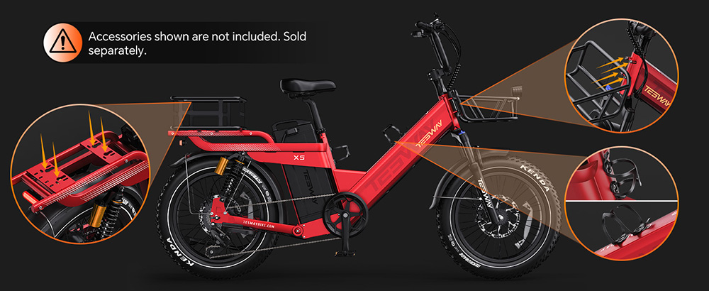 TESWAY X5 Pro Electric Bike, 1000W Motor, 48V 60Ah Battery, 20*4.0-inch Tires, 50km/h Max Speed, 300km Max Range, Dual Hydraulic Brakes, Full Suspension, Shimano 7-speed - Red