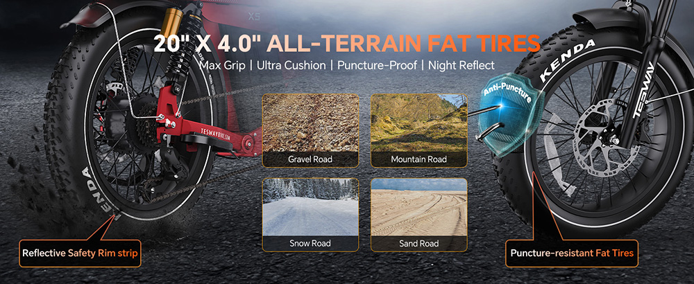 TESWAY X5 Pro Electric Bike, 1000W Motor, 48V 60Ah Battery, 20*4.0-inch Tires, 50km/h Max Speed, 300km Max Range, Dual Hydraulic Brakes, Full Suspension, Shimano 7-speed - Red