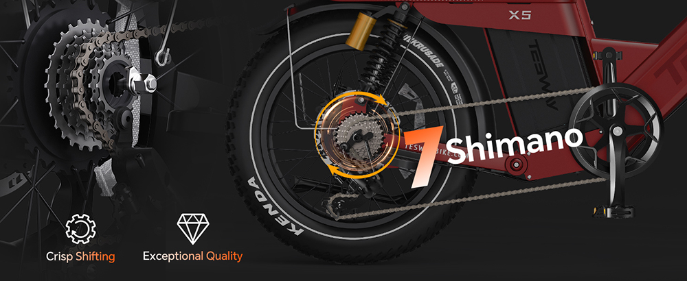 TESWAY X5 Pro Electric Bike, 1000W Motor, 48V 60Ah Battery, 20*4.0-inch Tires, 50km/h Max Speed, 300km Max Range, Dual Hydraulic Brakes, Full Suspension, Shimano 7-speed - Red