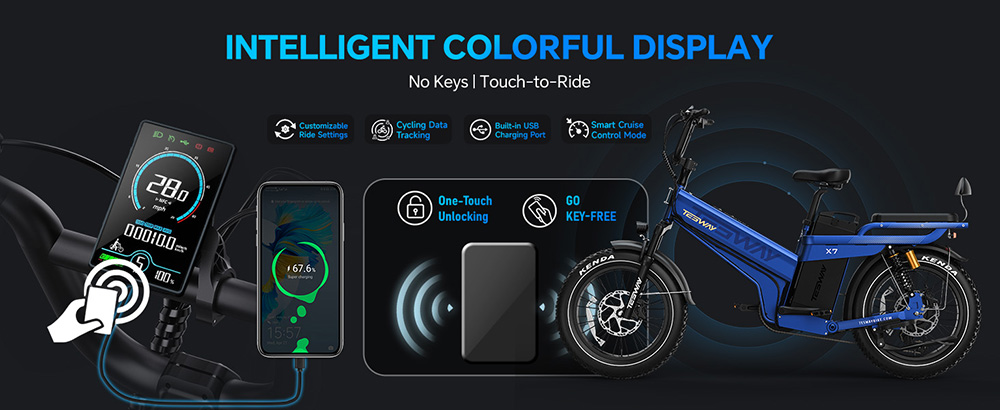 TESWAY X7 Pro Electric Bike, 1000W Motor, 48V 60Ah Battery, 20*4 inch Tires, 50km/h Max Speed, 320km Max Range, Dual Hydraulic Brakes, Full Suspension, Shimano 7-speed - Blue