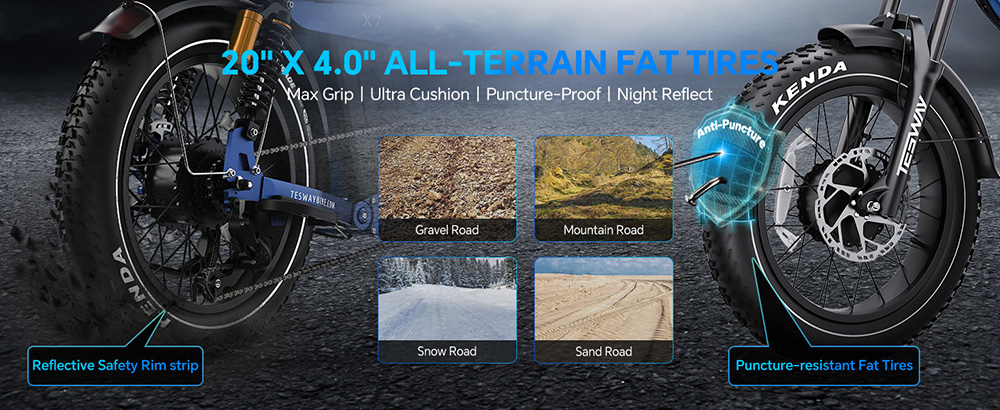 TESWAY X7 Pro Electric Bike, 1000W Motor, 48V 60Ah Battery, 20*4 inch Tires, 50km/h Max Speed, 320km Max Range, Dual Hydraulic Brakes, Full Suspension, Shimano 7-speed - Blue