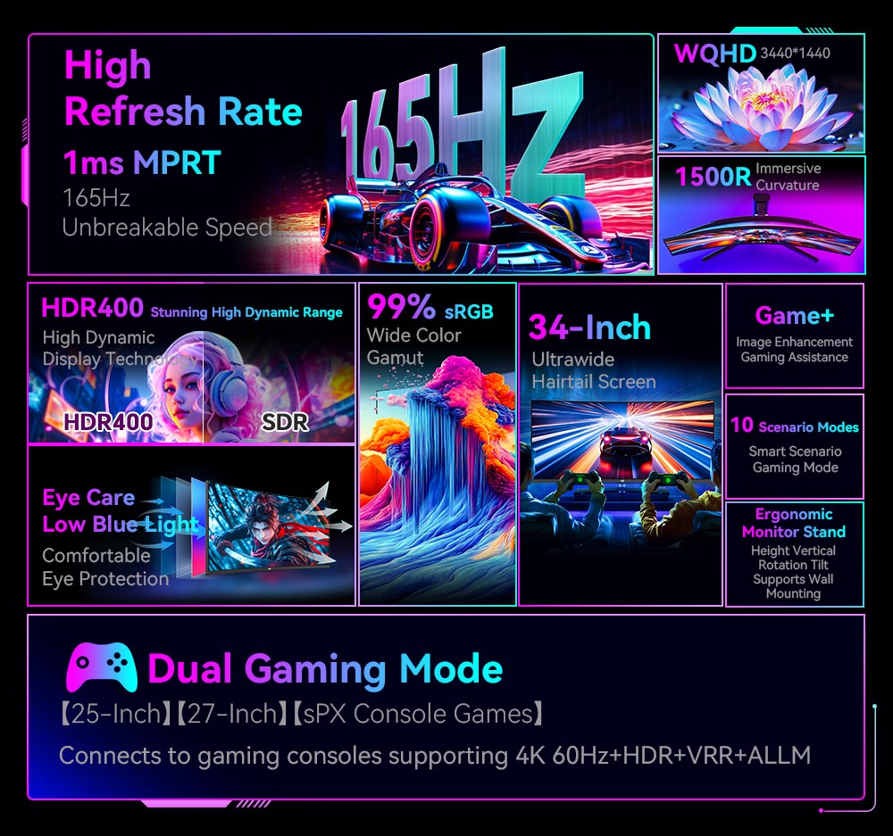 TITAN ARMY C34A1R 34 Zoll Gaming-Monitor, 3440 x 1440 21:9 1500R Curved Screen, 165 Hz Bildwiederholrate, 99 % sRGB, HDR400, 1 ms MPRT, FreeSync & G-Sync, Game+ Assist, Low Blue Light, h&ouml;henverstellbarer St&auml;nder und Wandmontage m&ouml;glich