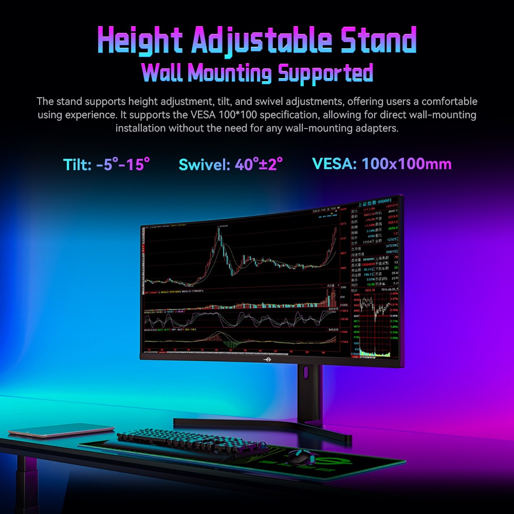 TITAN ARMY C34A1R 34 Zoll Gaming-Monitor, 3440 x 1440 21:9 1500R Curved Screen, 165 Hz Bildwiederholrate, 99 % sRGB, HDR400, 1 ms MPRT, FreeSync & G-Sync, Game+ Assist, Low Blue Light, h&ouml;henverstellbarer St&auml;nder und Wandmontage m&ouml;glich