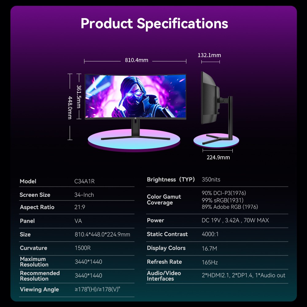 TITAN ARMY C34A1R 34 Zoll Gaming-Monitor, 3440 x 1440 21:9 1500R Curved Screen, 165 Hz Bildwiederholrate, 99 % sRGB, HDR400, 1 ms MPRT, FreeSync & G-Sync, Game+ Assist, Low Blue Light, h&ouml;henverstellbarer St&auml;nder und Wandmontage m&ouml;glich
