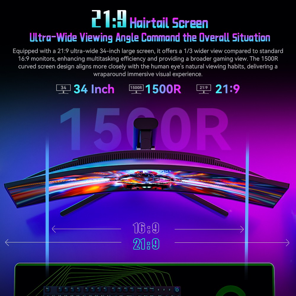 TITAN ARMY C34A1R 34 Zoll Gaming-Monitor, 3440 x 1440 21:9 1500R Curved Screen, 165 Hz Bildwiederholrate, 99 % sRGB, HDR400, 1 ms MPRT, FreeSync & G-Sync, Game+ Assist, Low Blue Light, h&ouml;henverstellbarer St&auml;nder und Wandmontage m&ouml;glich