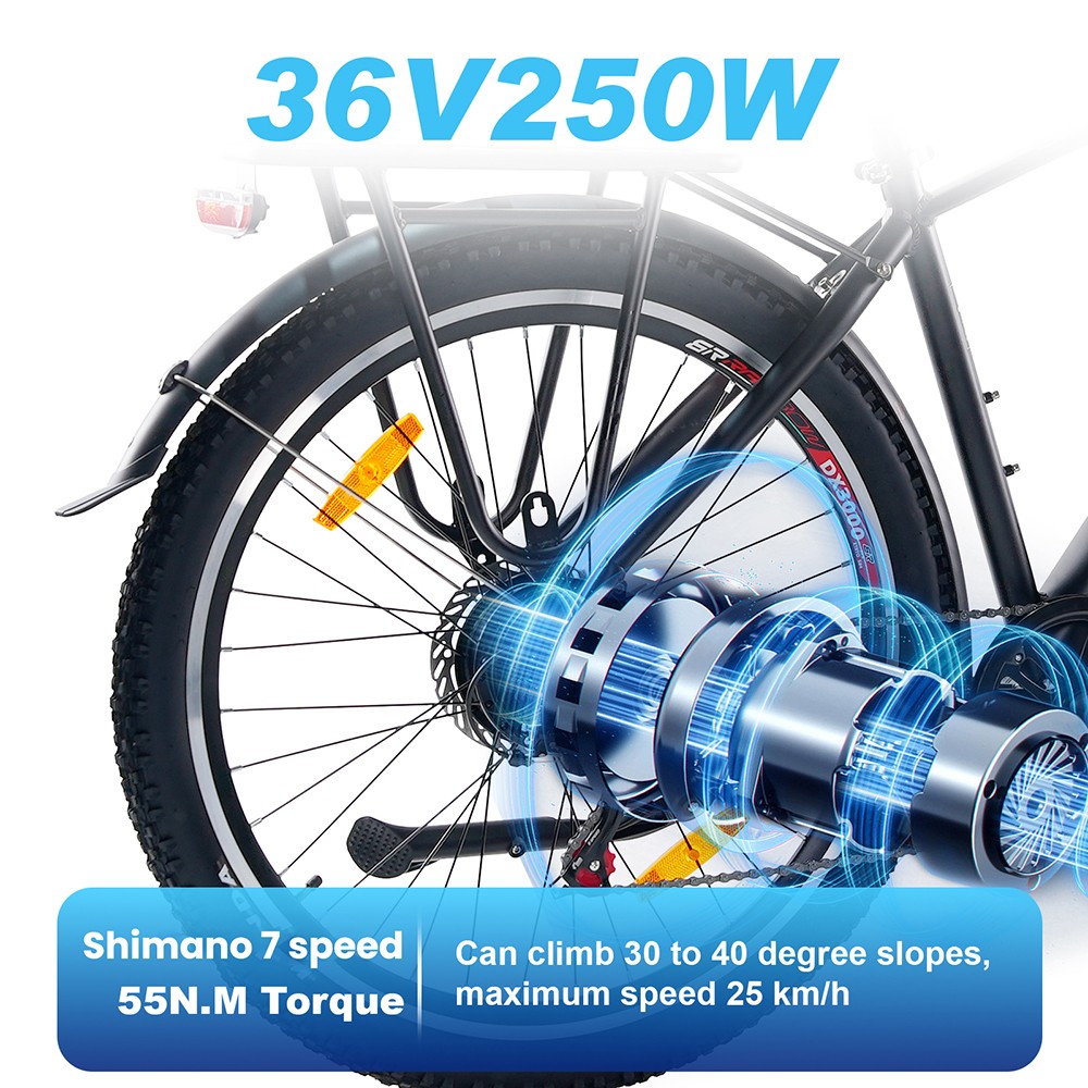 TTGO M300 Elektrofahrrad, 250-W-Motor, 36-V-20-Ah-Akku, 27,5-Zoll-Reifen, 25 km/h H&ouml;chstgeschwindigkeit, 120 km maximale Reichweite, mechanische Scheibenbremse, Drehmomentsensor, Shimano 7-Gang, LCD-Display &ndash; Blau