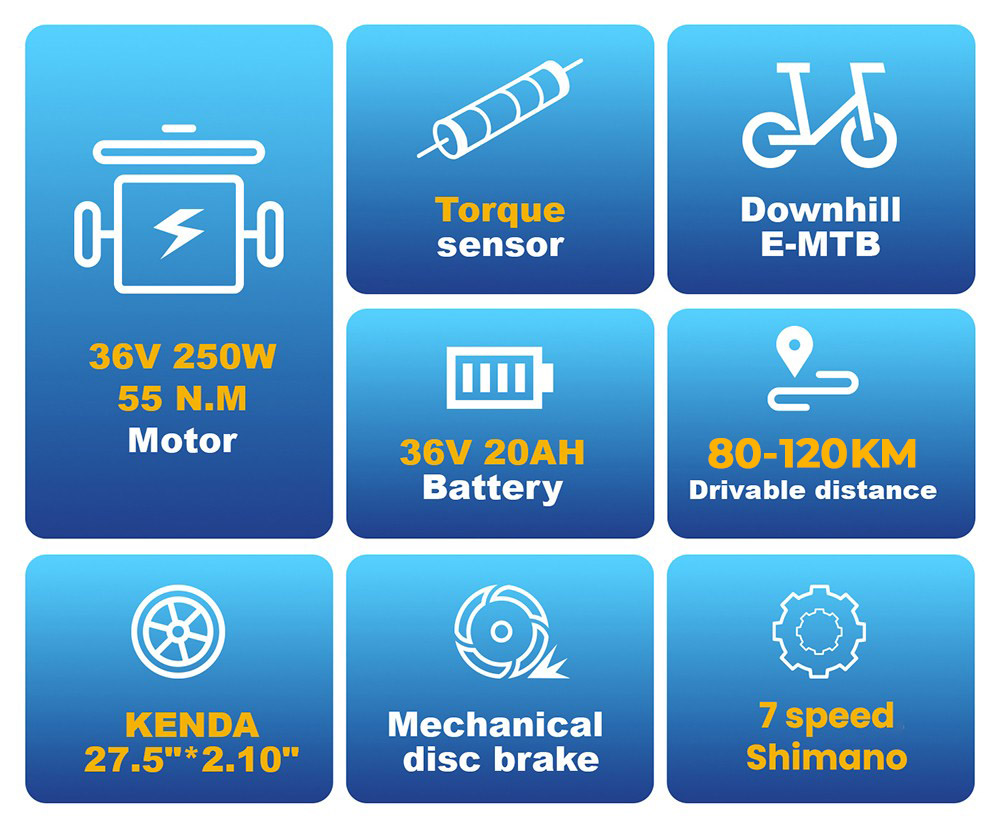 TTGO M300 Elektrofahrrad, 250-W-Motor, 36-V-20-Ah-Akku, 27,5-Zoll-Reifen, 25 km/h H&ouml;chstgeschwindigkeit, 120 km maximale Reichweite, mechanische Scheibenbremse, Drehmomentsensor, Shimano 7-Gang, LCD-Display &ndash; Blau