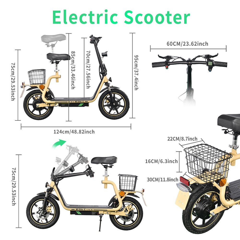 TWOFISH M5 Elite-E EEC Certified Electric Scooter with Seat and Rear Basket, 500W Motor, 48V 13Ah Battery, 14 inch Tires, 40km/h Max Speed, 30km Range, Dual Disc Brakes, Front & Rear Shock Absorbers - Black