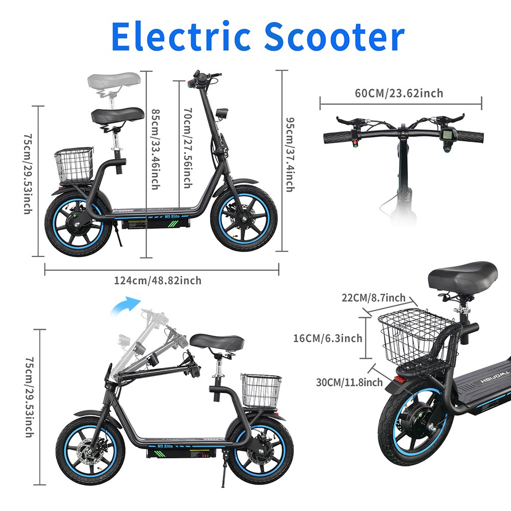 TWOFISH M5 Elite Electric Scooter, 500W motor, 48V 13Ah batéria, 14-palcová pneumatika, max. rýchlosť 20 km/h, dojazd 30 km, dvojkotúčové brzdy, predné & zadné tlmiče