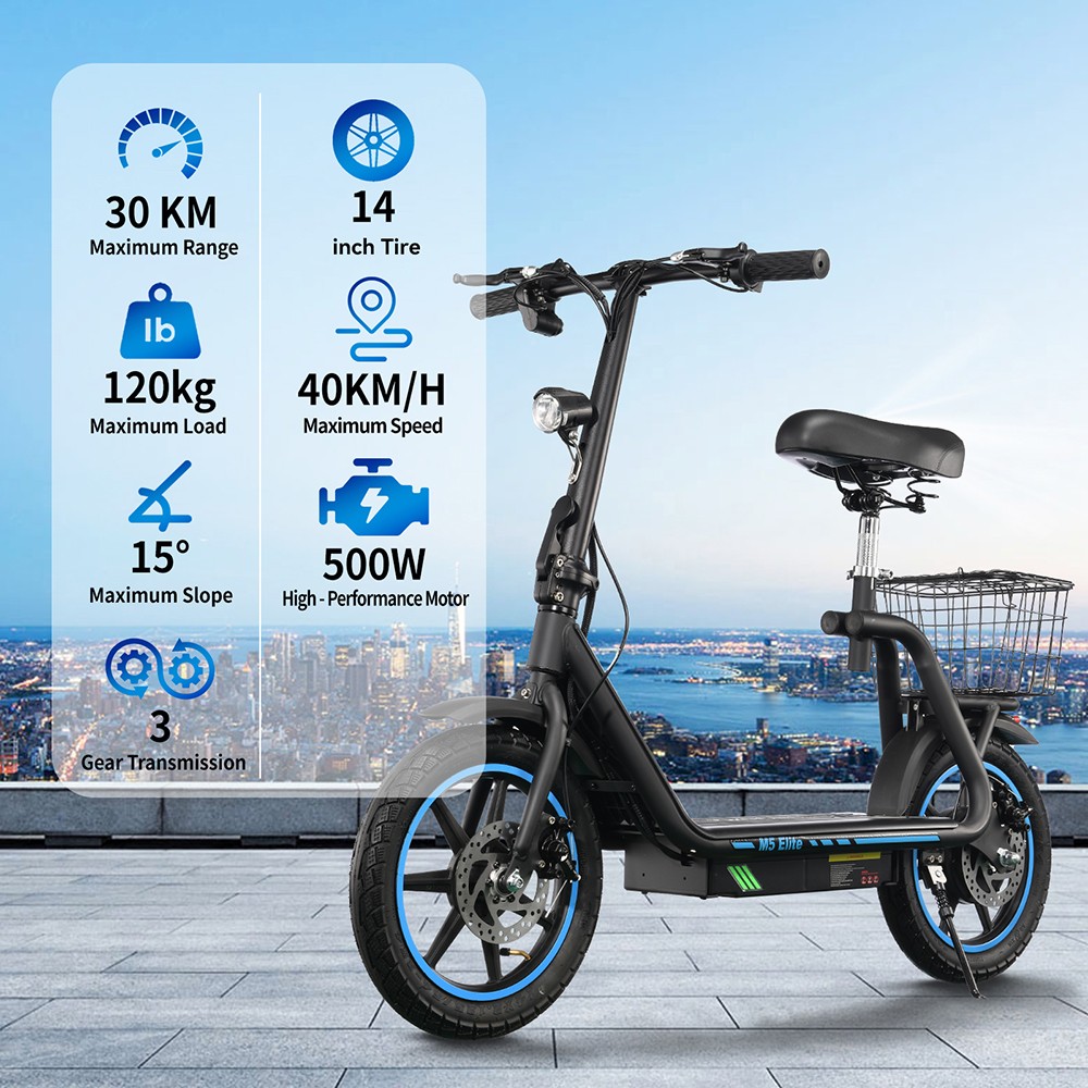 TWOFISH M5 Elite Electric Scooter, 500W motor, 48V 13Ah batéria, 14 palcová pneumatika, max. rýchlosť 20 km/h, dojazd 30 km, dvojkotúčové brzdy, predné & zadné tlmiče