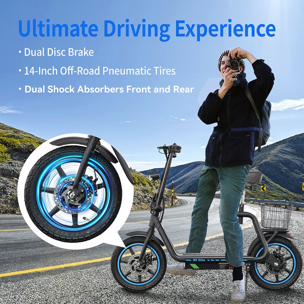 TWOFISH M5 Elite Electric Scooter, 500W motor, 48V 13Ah batéria, 14 palcová pneumatika, max. rýchlosť 20 km/h, dojazd 30 km, dvojkotúčové brzdy, predné & zadné tlmiče