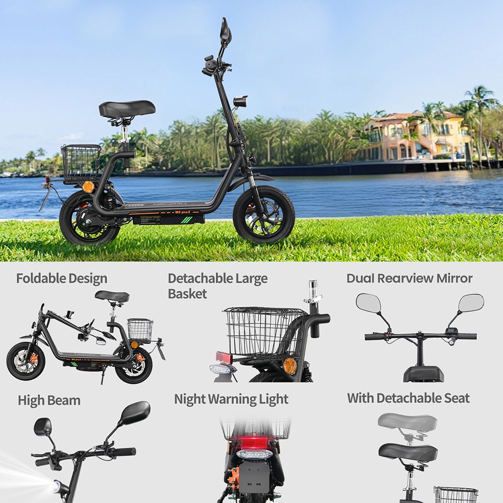 TWOFISH M5 PRO-E EEC Certified Electric Scooter with Seat and Rear Basket, 500W Motor, 48V 13Ah Battery, 12 inch Tires, 40km/h Max Speed, 30km Range, Dual Disc Brakes, Front & Rear Shock Absorbers - Black