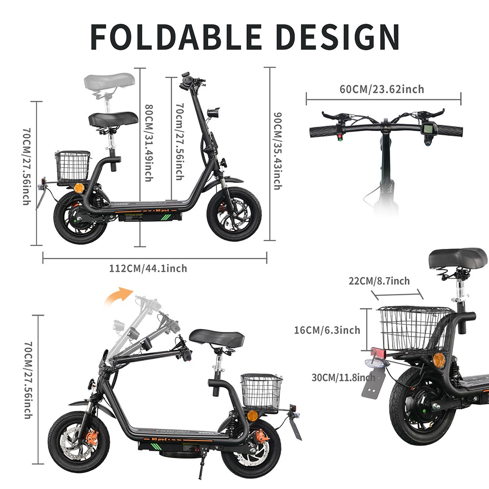 TWOFISH M5 PRO-E EEC Certified Electric Scooter with Seat and Rear Basket, 500W Motor, 48V 13Ah Battery, 12 inch Tires, 40km/h Max Speed, 30km Range, Dual Disc Brakes, Front & Rear Shock Absorbers - Black