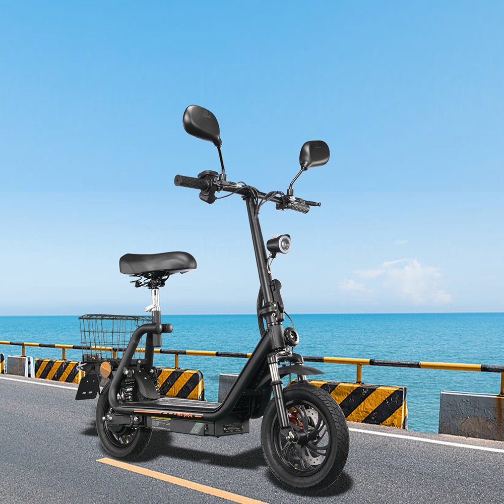 TWOFISH M5 PRO-E EEC Certified Electric Scooter with Seat and Rear Basket, 500W Motor, 48V 13Ah Battery, 12 inch Tires, 40km/h Max Speed, 30km Range, Dual Disc Brakes, Front & Rear Shock Absorbers - Black