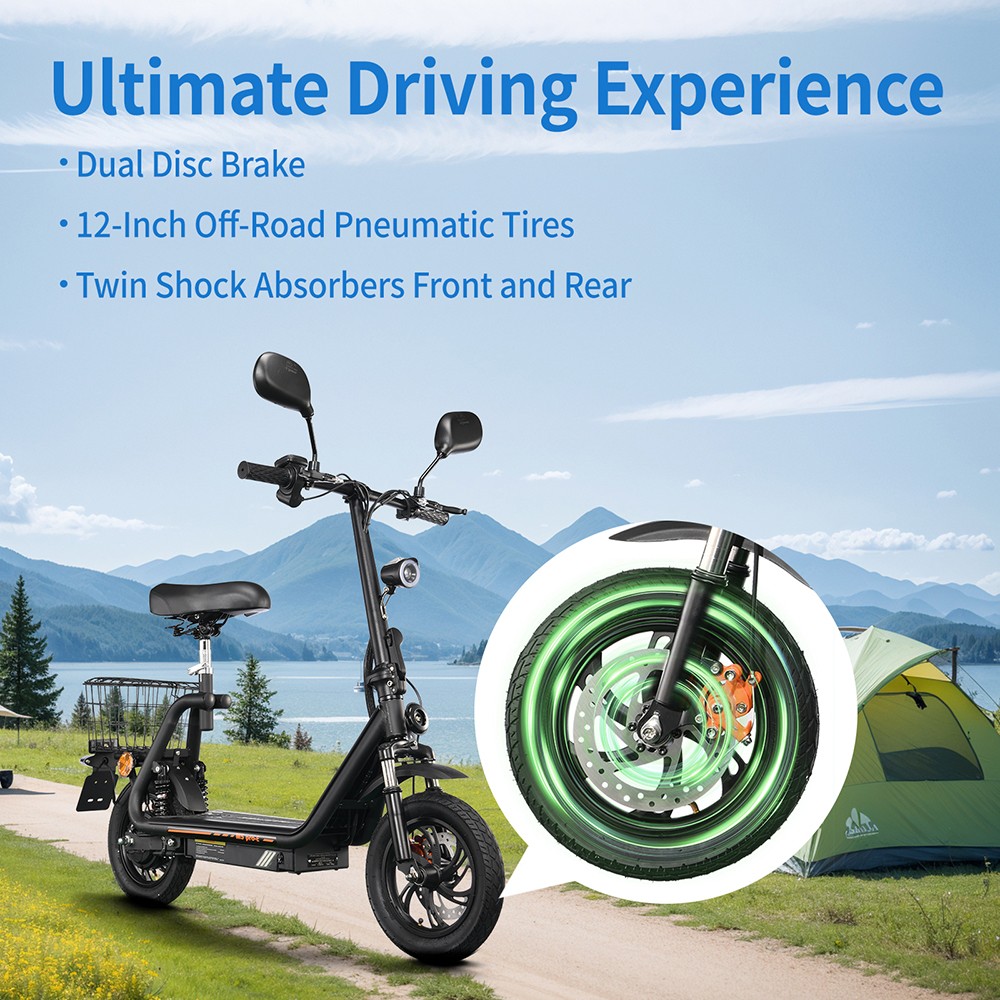 TWOFISH M5 PRO-E EEC Certified Electric Scooter with Seat and Rear Basket, 500W Motor, 48V 13Ah Battery, 12 inch Tires, 40km/h Max Speed, 30km Range, Dual Disc Brakes, Front & Rear Shock Absorbers - Black
