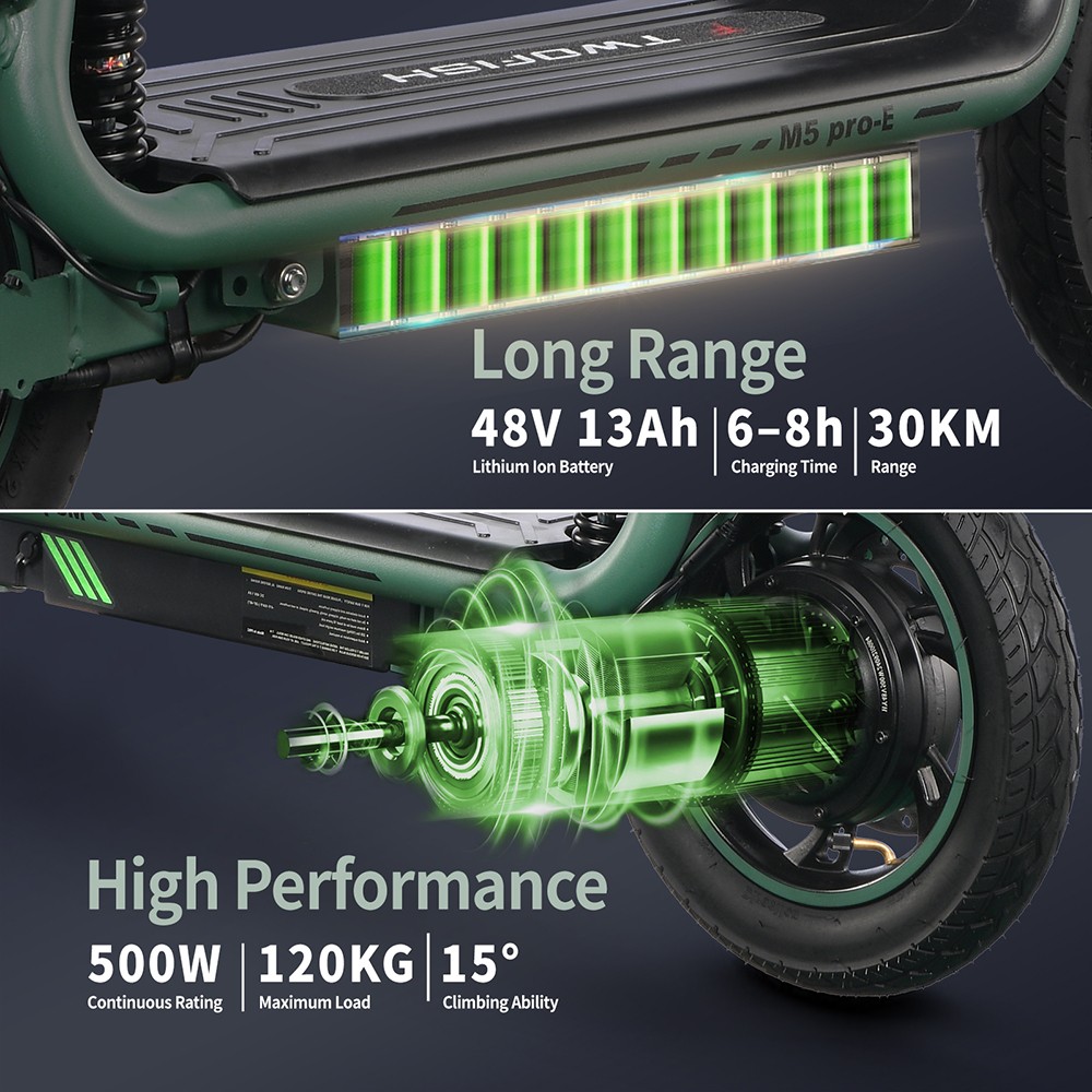 Elektrická kolobežka TWOFISH M5 PRO-E EEC Certified so sedadlom a zadným košom, 500W motor, 48V 13Ah batéria, 12-palcové pneumatiky, max. rýchlosť 40 km/h, dojazd 30 km, dvojkotúčové brzdy, predné & zadné tlmiče - zelená