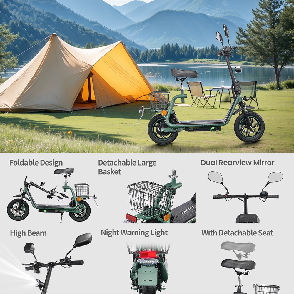 TWOFISH M5 PRO-E EEC Certified Electric Scooter with Seat and Rear Basket, 500W Motor, 48V 13Ah Battery, 12 inch Tires, 40km/h Max Speed, 30km Range, Dual Disc Brakes, Front & Rear Shock Absorbers - Green