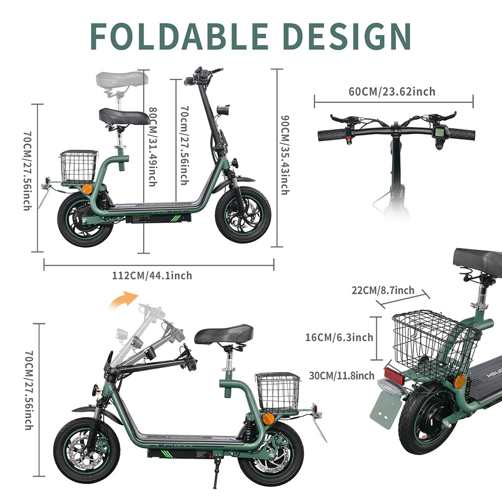 TWOFISH M5 PRO-E EEC Certified Electric Scooter with Seat and Rear Basket, 500W Motor, 48V 13Ah Battery, 12 inch Tires, 40km/h Max Speed, 30km Range, Dual Disc Brakes, Front & Rear Shock Absorbers - Green