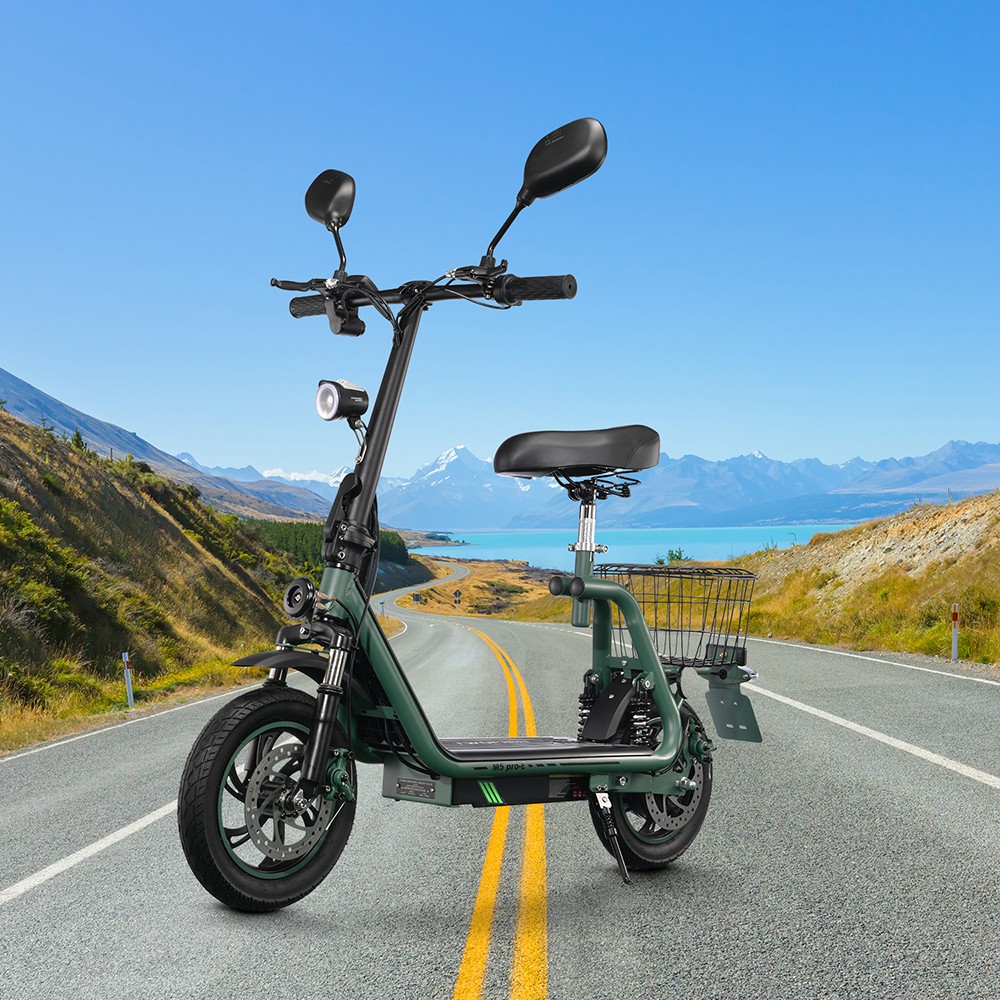 TWOFISH M5 PRO-E EEC Certified Electric Scooter with Seat and Rear Basket, 500W Motor, 48V 13Ah Battery, 12 inch Tires, 40km/h Max Speed, 30km Range, Dual Disc Brakes, Front & Rear Shock Absorbers - Green