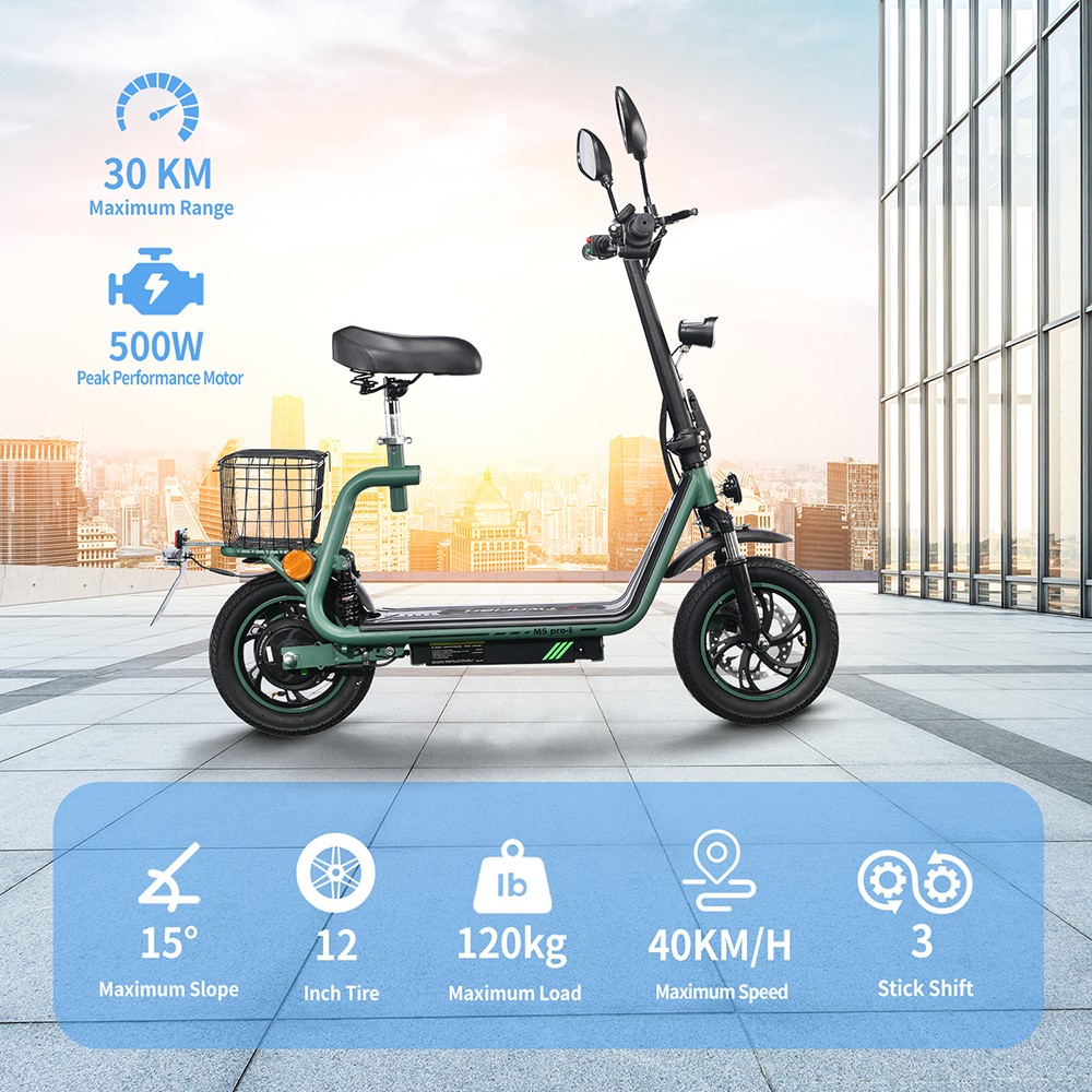 TWOFISH M5 PRO-E EEC Certified Electric Scooter with Seat and Rear Basket, 500W Motor, 48V 13Ah Battery, 12 inch Tires, 40km/h Max Speed, 30km Range, Dual Disc Brakes, Front & Rear Shock Absorbers - Green