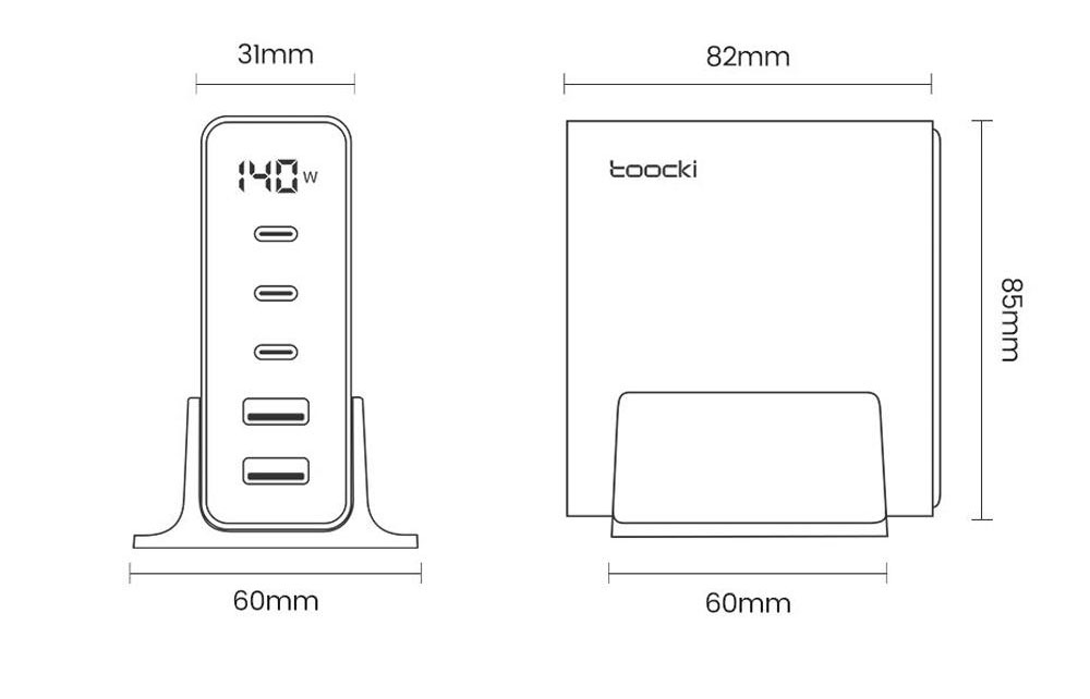 Toocki 140W GaN USB Charger, 5-in-1 Fast Charge, LED Display, for iPhone, Xiaomi Smartphone, Laptop, White