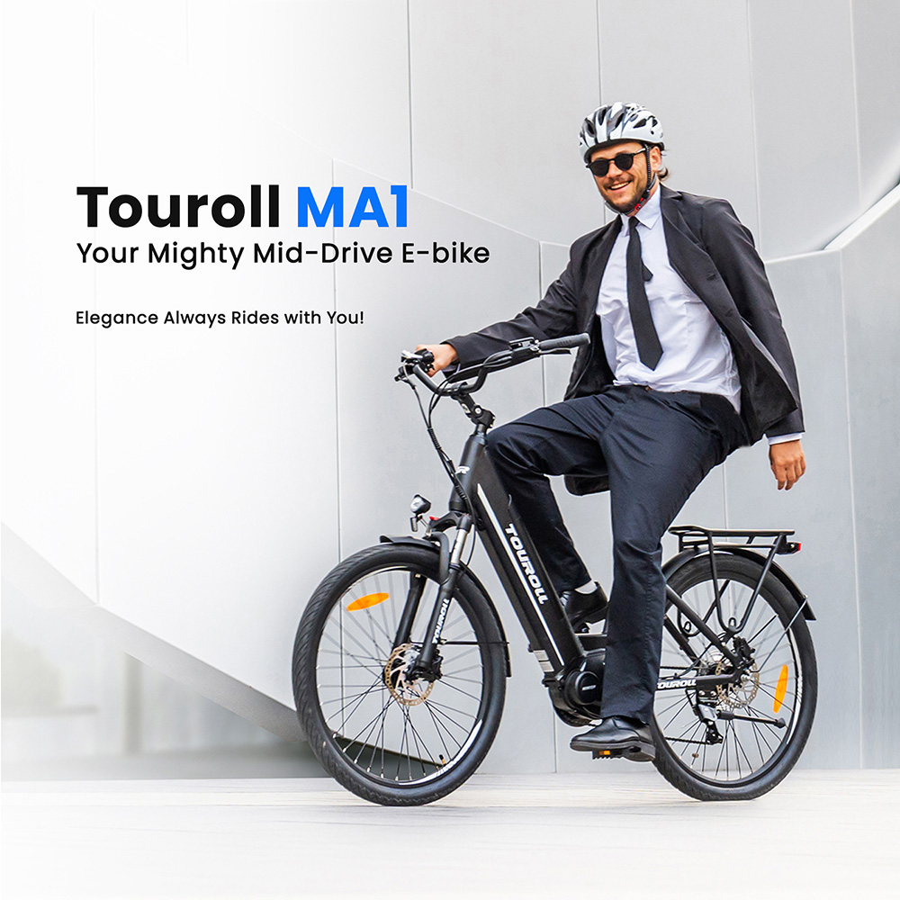 Elektrobicykel Touroll MA1, 250W motor so stredovým pohonom, 36V 13Ah batéria, 26-palcové pneumatiky, max. rýchlosť 25 km/h, max. dojazd 110 km, hydraulické kotúčové brzdy, odpružená vidlica s uzamykaním, 7-rýchlostný prevod Shimano - zástrčka EÚ