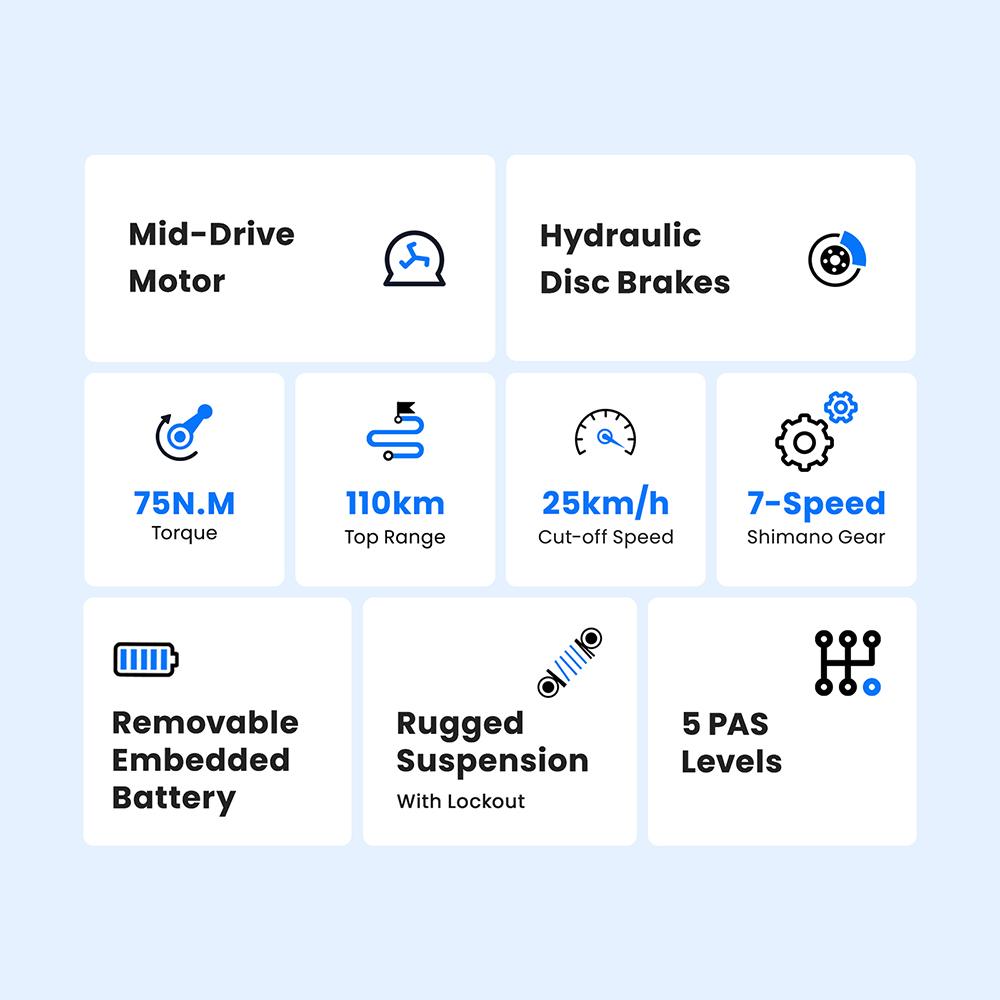 Touroll MA1 Electric Bike, 250W Mid-drive Motor, 36V 13Ah batéria, 26 palcové pneumatiky, max. rýchlosť 25 km/h, max. dojazd 110 km, hydraulické kotúčové brzdy, odpružená vidlica s uzamykaním, Shimano 7 rýchlostí - EU Plug
