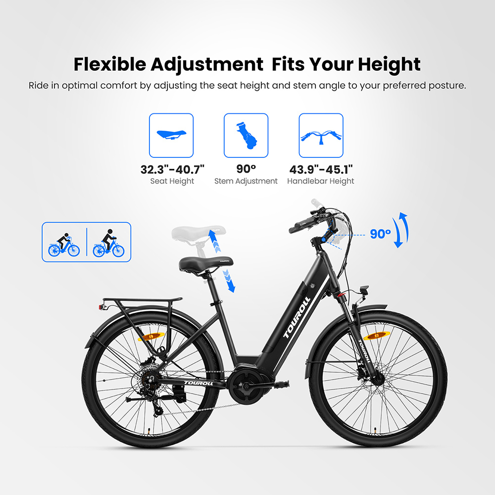 Touroll MA1 Electric Bike, 250W Mid-drive Motor, 36V 13Ah batéria, 26 palcové pneumatiky, max. rýchlosť 25 km/h, max. dojazd 110 km, hydraulické kotúčové brzdy, odpružená vidlica s uzamykaním, Shimano 7 rýchlostí - EU Plug